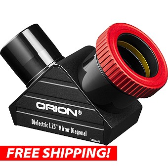 The Orion 1.25" Twist-Tight Dielectric Mirror Star Diagonal gives the typical thumbscrew-equipped telescope diagonal a new twist - literally! This innovative diagonal features a twist-tight clamping mechanism that securely grasps inserted 1.25" eyepieces and accessories with a simple clockwise twist of its red aluminum collar. Unlike thumbscrew-equipped diagonals, the Orion Twist-Tight diagonal delivers equal inward pressure to precisely center eyepieces, camera nosepieces, and other equipment along the light path of the telescope with a more robust grip. What's more, since this diagonal doesn't use a thumbscrew, you don't have to worry about annoying scratches or gouges appearing on your treasured eyepieces, and there's no thumbscrew to lose in the dark! The easy-grip, knurled aluminum twist-tight collar is delightfully easy to adjust, even while wearing gloves during cold nights. The Orion 1.25" Dielectric Twist-Tight Mirror Star Diagonal is built around a highly reflective mirror w